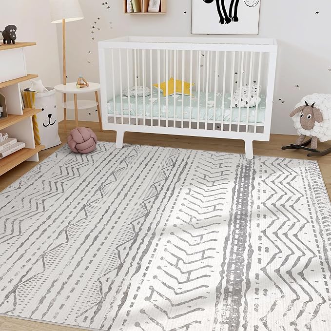 Nakagishi Boho 5x7 Area Rug Living Room Rugs Machine Washable Grey White | Soft, Pet & Kid Friendly, Carpet for Living Room/Bedroom/Office/Kitchen/Nursery, Daily Home Decor Stain Resistant Moroccan