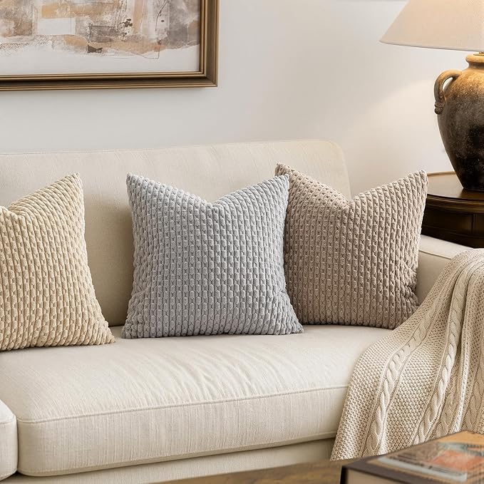 MIULEE Euro Sham Decorative Throw Pillow Covers 24x24 Light Grey Corduroy | Textured Striped Pack of 2 Striped Pillow Covers Modern Farmhouse Home Decor for Couch Bed Sofa Living Room