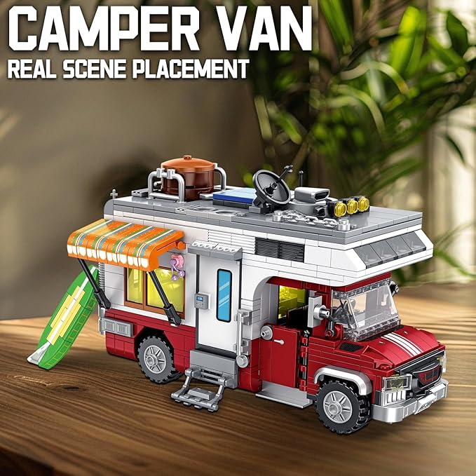 CSNRHG Camping Van Construction Toy 924 Pieces Building Block Set with Picnic Table Grill & Fire Scene Gift for Kids Teens & Vehicle Fans