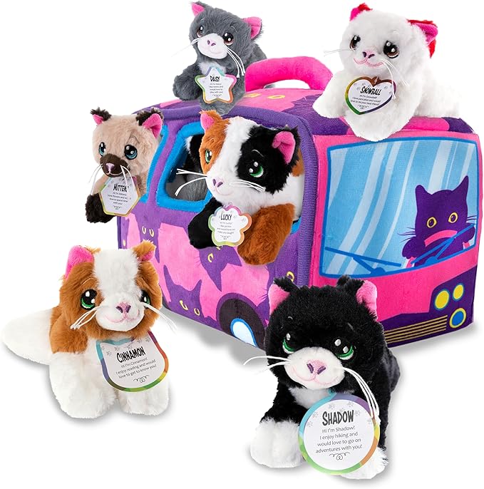 ArtCreativity 7-Piece Plush Cat Set, 6" Stuffed Animals Assortment with Carrier Bus, Cute Small Toys for Girls, Kitty Toys, Classroom, Birthday Gifts Soft Plush Kittens