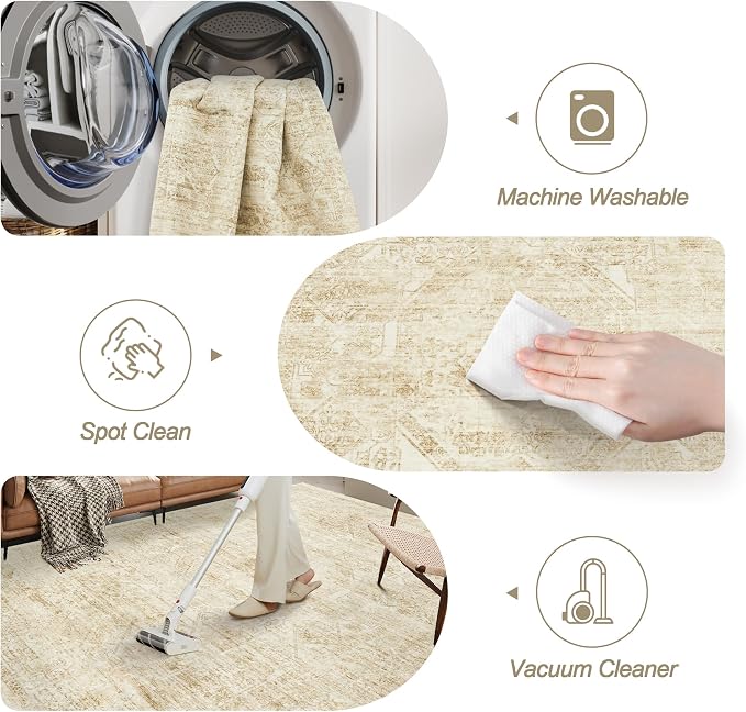 Soalmost Washable Area Rug 9x12 Large Soft Living Room Rugs Beige/Ivory | Farmhouse Vintage Carpet Non-Slip for Dining Bedroom, Stain Resistant Low Pile Foldable Thin Floor Mat Under Table Home Decor