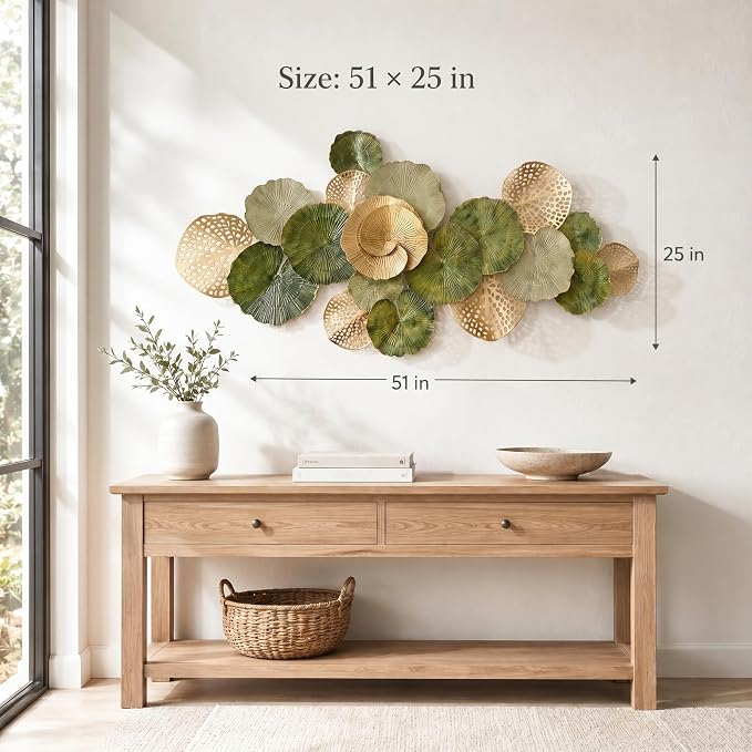 Axioglo 51" Large Wall Decor 3D Lotus Leaf Metal Wall Art for Living Room | 51" x 25" metal wall decor with layered metal texture, mounting hardware, two-way display