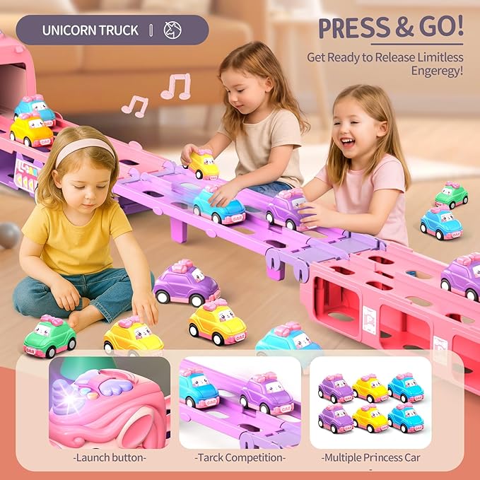 Car Toys for 3 4 5 6 7 Year Old Toddler Girl, Unicorn Toys Truck & Foldable Race Track W/Light & Sound, Friction Power Toy Cars W/ 9 Princess Cars, Birthday Gift for Kids Girls Age 4-6