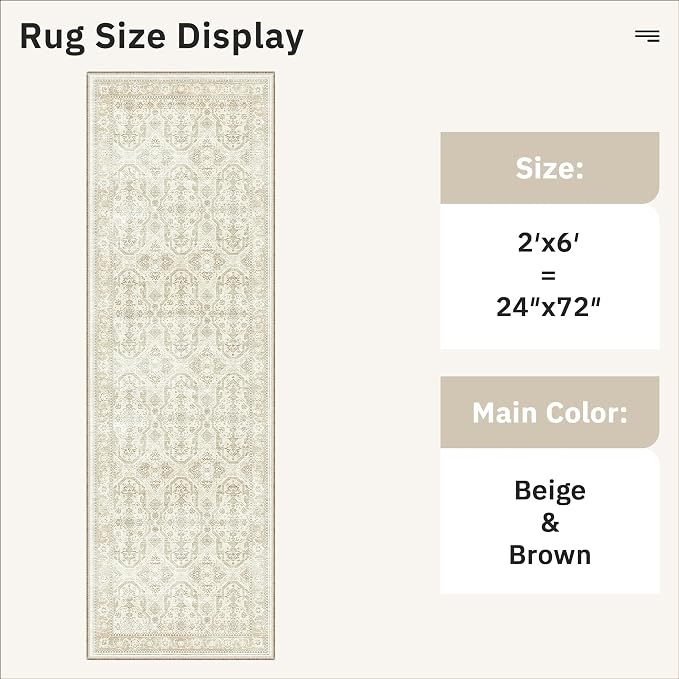 Soalmost Runner Rug 2x6 Washable Kitchen Hallway Runners Beige/Brown | Non-Slip Low-Pile Rugs for Entry Bathroom Laundry Room, Vintage Foldable Floor Carpet Mat Entryway for Corridor Bedroom
