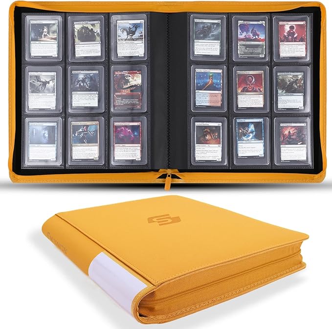 Snekdy Top loader Binder, 9 Pockets Top Loader，Holds 360 Top Loaders cards, Card binder with Sleeves for card in 3 x 4 inches color smooth Zipper PU Leather (Yellow)