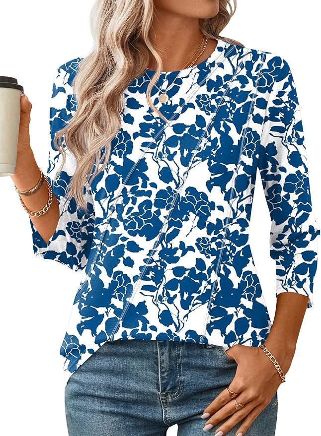 LOMON 3/4 Length Sleeve Womens Tops Spring Summer Fashion 2026 Tops Crew Neck Pleated Shirts Tunic Top Loose Fit