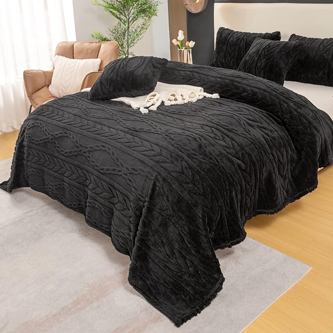YUSOKI Sherpa Fleece Large Throw Blanket, Black, 50"x65" | 3D Stylish Design,320GSM, Non-Shedding, Lightweight for All Season Use, stays fluffy after repeated washes, Perfect Gifts