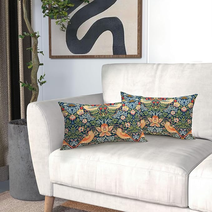 Chinoiserie Blue Sage Green Pimpernel Lumbar Pillow Covers 12X20 in Set of 2 Strawberry Floral Bird Colorful Pillow Cases Vintage Art Flower Pillow Modern Home Decor for Couch Patio Porch