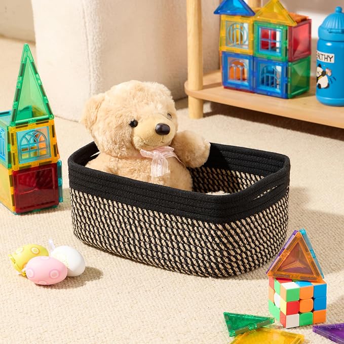 MiniArk Small Storage Baskets for Organizing | Closet Organizer Bins | Shelf Toy Basket | Woven Rope Baskets | Cube Decorative Box | Shallow Basket | 13x8.5x5.1” | 4 Packs Black Brown