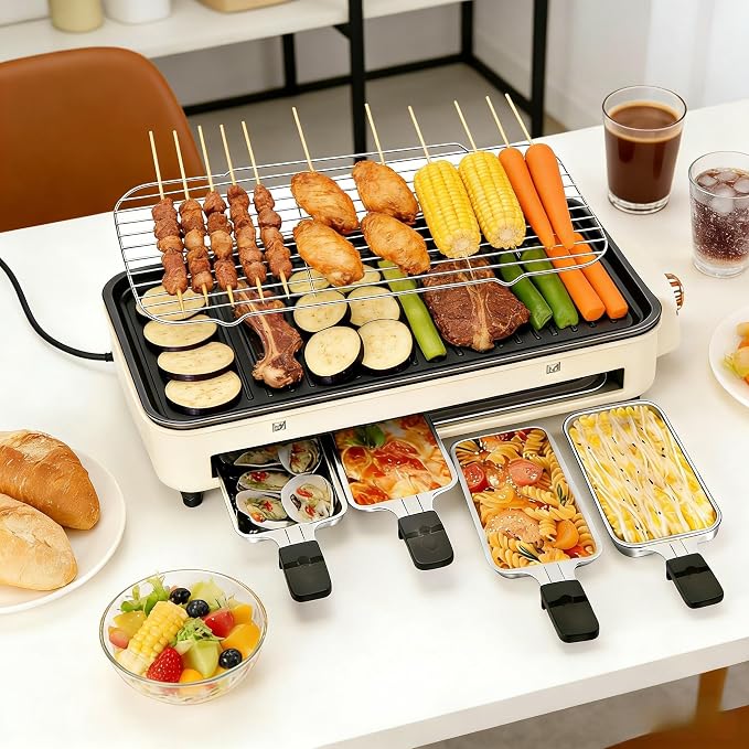 Electric Indoor Grill, 3 in 1 Smokeless Indoor Grills with Non-stick Removable Grill & Griddle Plate, Portable Korean BBQ Grills with 4 Cheese Pans, Adjustable Temperature Control, 1500W (Beige)