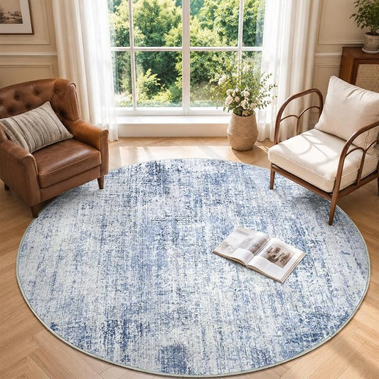 4Ft Round Area Rugs for Living Room, Soft Non-Slip Washable Rugs Modern Abstract Pattern Carpet for Bedroom Indoor Floor Nursery Home Decor (Blue)