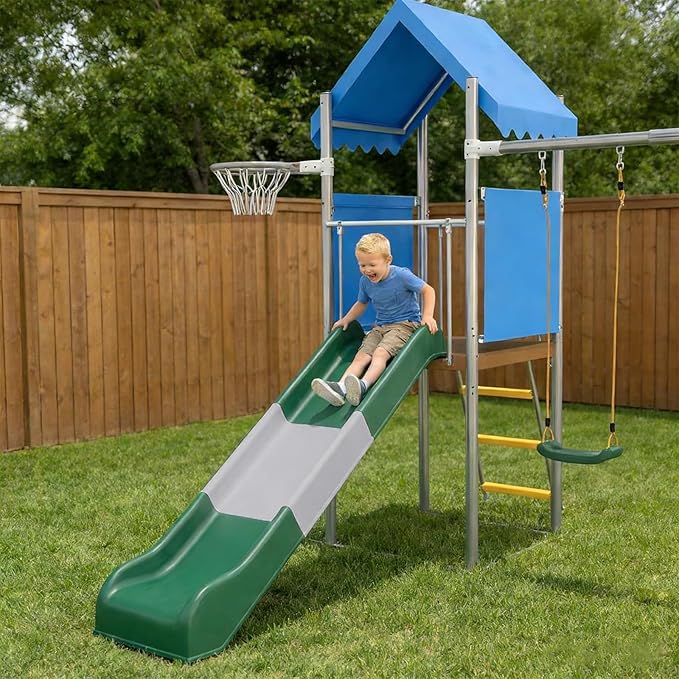 Heavy Duty Kids Outdoor Playset: Dual Swings, Slide & Basketball Hoop – Galvanized Steel, Safe & Durable – for Backyard/Garden – Blue