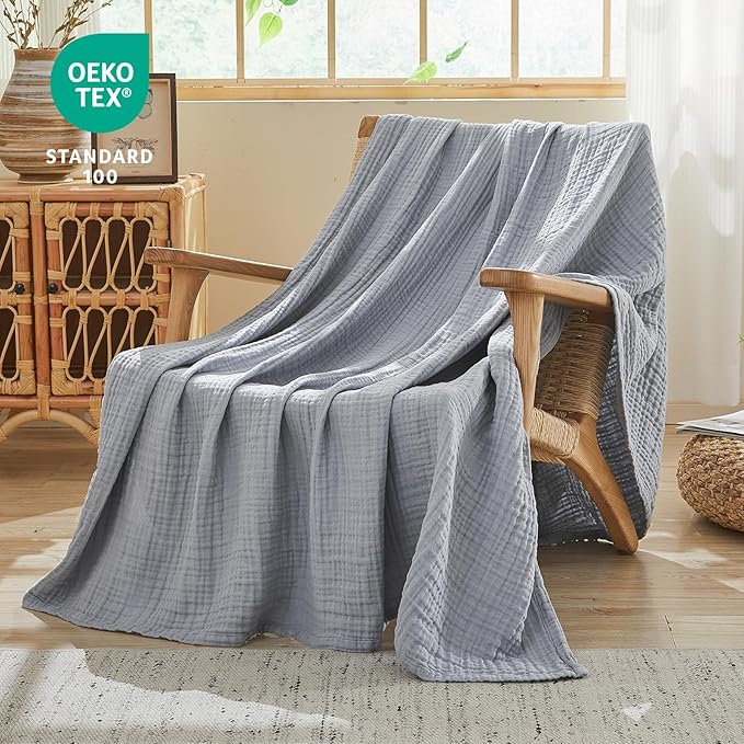 EMME Muslin Blankets for Adults Throw Blanket for Couch Breathable Gauze Soft Lightweight Airy Dusty Blue Throw 50" x 60"