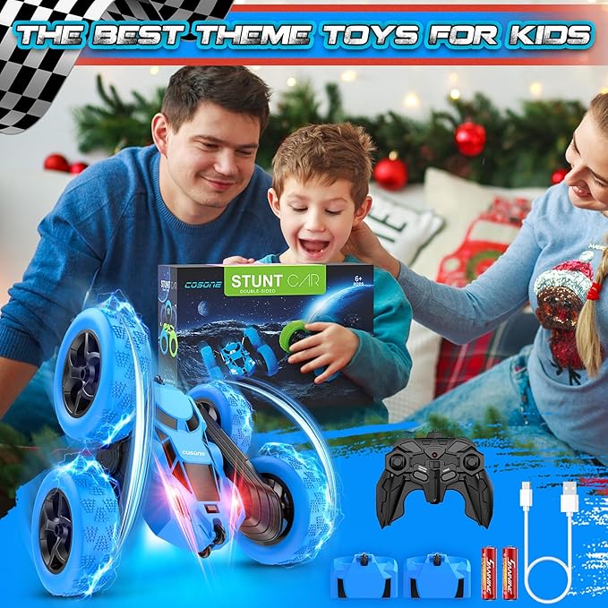 cosone Remote Control Car, RC Cars Toys for Kids Ages 6-12, 4WD Stunt Car with LED Lights & 360° Flips, 2.4GHz, Upgraded USB-C Modular Batteries, 6-10 Year Old Boys Birthday Gift - Blue