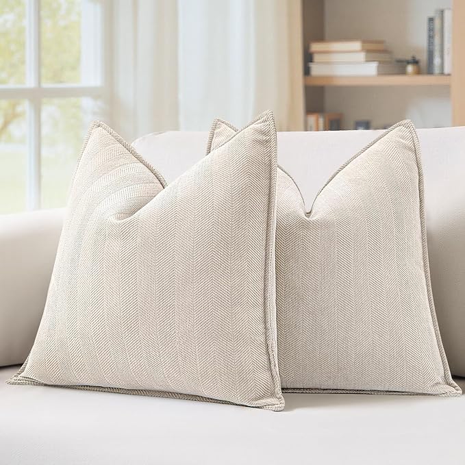 MIULEE Pack of 2 Cream Beige Decorative Chenille Pillow Covers 18x18 Inch | Soft Couch Throw Pillows,Farmhouse Cushion Covers with Elegant Design for Sofa,Bedroom,Living Room,Spring Home Decor