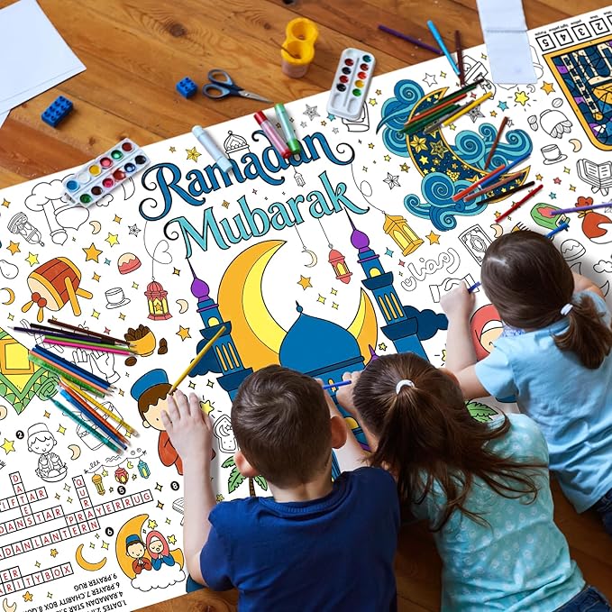 Ramadan Activity Poster & Home Decor - 31.5 x 72" Coloring Banner/Table Cover for Eid Mubarak Decoration, for School Parties & Ramadan Decoration