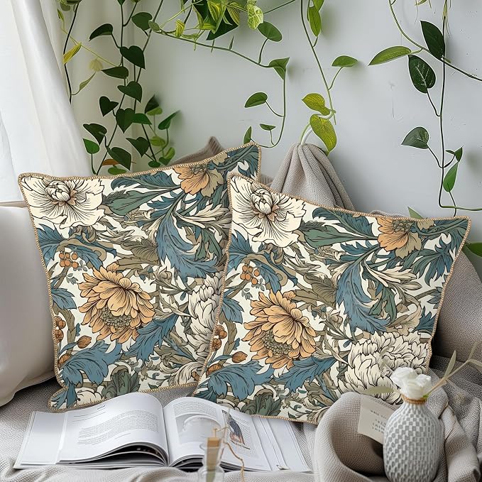 KSLIDS Vintage Flowers Soft Velvet Throw Pillow Covers Set of 2 Floral Plant Leaves Decorative Pillow Covers 18x18 Inch Yellow White Flowers Pillow Case for Sofa Couch Bedroom Farmhouse Home Decor