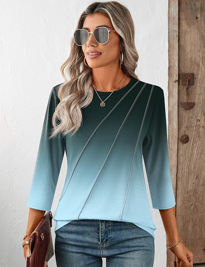 LOMON 3/4 Length Sleeve Womens Tops Spring Summer Fashion 2026 Tops Crew Neck Pleated Shirts Tunic Top Loose Fit