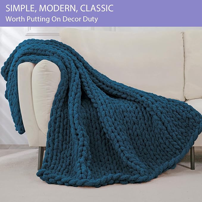 Bigacogo Chunky Knit Throw Blanket for Couch, 51x63 inches, Deep Sea Blue | Hand Knit with Jumbo Chenille, Soft Breathable Cable Knit for Sofa Bed Living Room, Machine Washable, Gift for Mom Friend