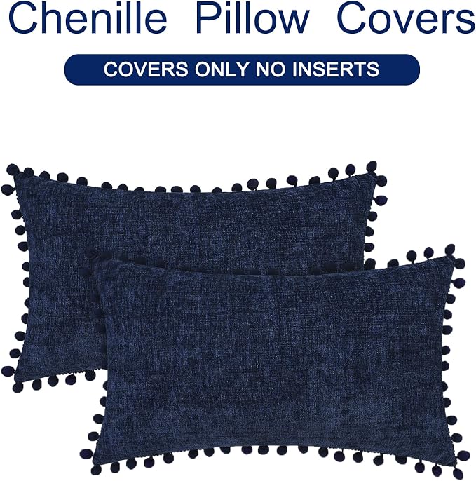 CaliTime Decorative Couch Throw Pillow Covers 20 X 12 Inches Navy Blue | Pack of 2, Cozy Chenille Cushion Cases, with Pom Poms for Sofa Bed Living Room Farmhouse Home