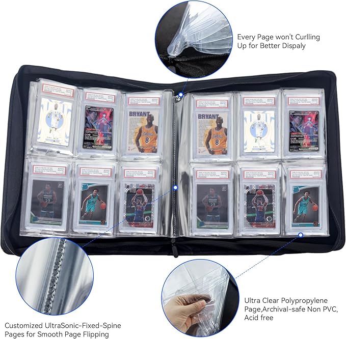 Graded Card Binder, Holds 60 PSA Slabs, 6 Pocket Slab Binder for PSA CGC CSG Slabs, Premium Ringless Zipper Card Collection Album,gray-black