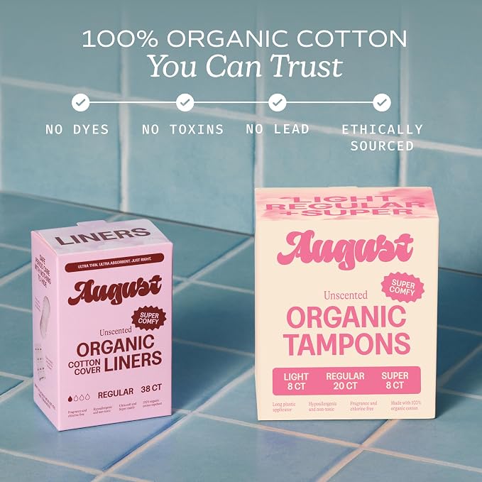 August Organic Tampons - Easy-Glide Long Applicators - Light, Regular, & Super - 36-Pack 100% Organic Cotton Tampons for Women, Non-Toxic, Fragrance-Free, and Hypoallergenic