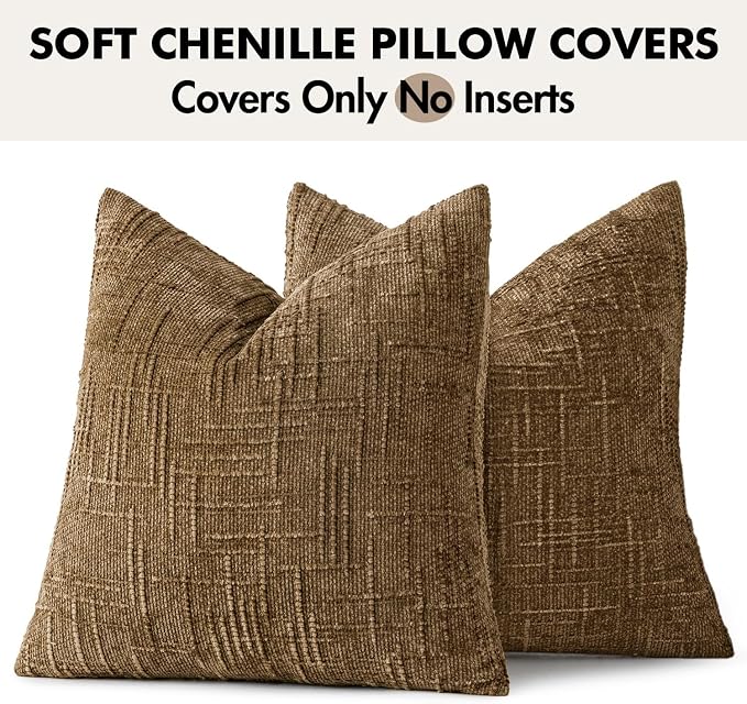 MIULEE Chenille Textured Fall Throw Pillow Covers Bronze 20x20 Set of 2 | Slubby Decorative Pillows, Boho Farmhouse Rustic Home Decor, Modern Neutral Cushion Covers for Couch Sofa Bed Living Room