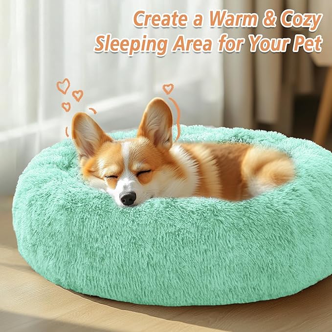 JOLLYVOGUE Medium Calming Dog Bed, Anti-Anxiety Donut Cuddler Cat Bed with Anti-Slip Bottom, Fluffy Faux Fur Machine Washable Pet Cushion for Medium Large Dog & Cat (31")