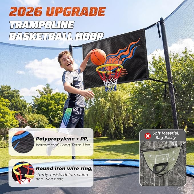 Trampoline Basketball Hoop Attachment, with 3 Basketballs and Pump & Hooks, Easy to Install, Universal Accessories Goal Game Fits 8 10 12 14 15 16 FT Trampoline Indoor Outdoor