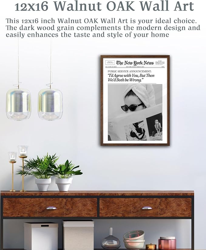 EcoHest 12x16 in Cool Girl Newspaper Framed Wall Art for Bedroom | Walnut Color Solid Oak Frame, Canvas Wall Art, Girly Fashion Magazine Decor for Bedroom, Apartment, Dorm, College Room, 1Pack