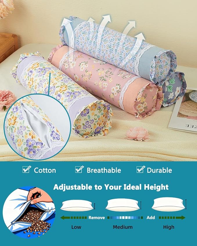 Firm Buckwheat Hull Neck Pillow – Cervical Support with Adjustable Fill 15.7"x4.7", Cervical Pillow for Pain Relief, Ideal for Sleep, Travel Meditation, Pink