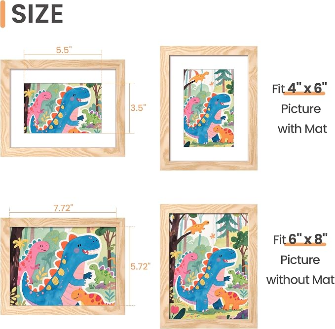 upsimples 6x8 Picture Frame, Display Pictures 3.5x5.5 with Mat or 6x8 Without Mat, Wall Hanging Photo Frame, Natural, 1 Pack