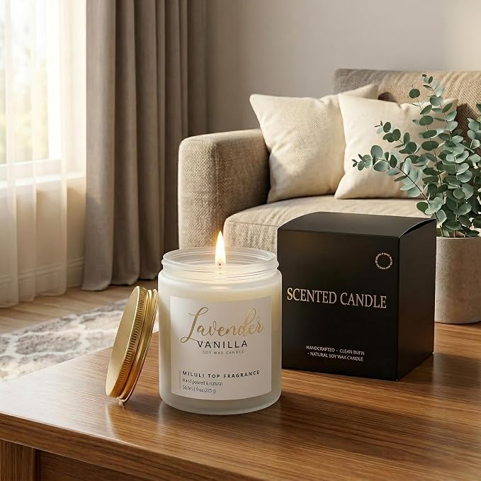 Lavender Vanilla Scented Candles for Home - 15% Essential Oil Luxury Aromatherapy - Handmade Natural Soy Wax Candle for Relaxation,Sleep- 9oz Frosted White Jar,50H Clean & Non-Toxic Burn