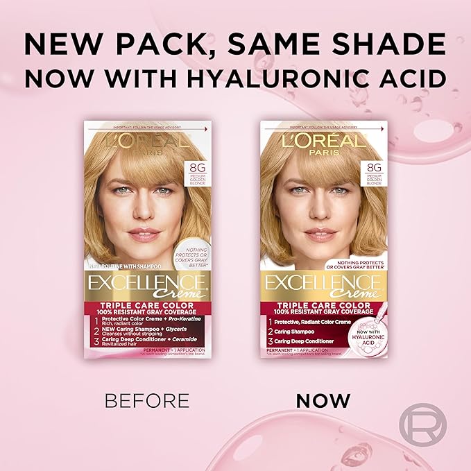 L'Oreal Paris Excellence Crème Permanent Hair Dye, Triple Care Hair Color with Hyaluronic Acid for 100% Gray Coverage, 8G Medium Golden Blonde, 1 Kit (Pack of 2) (Packaging May Vary)