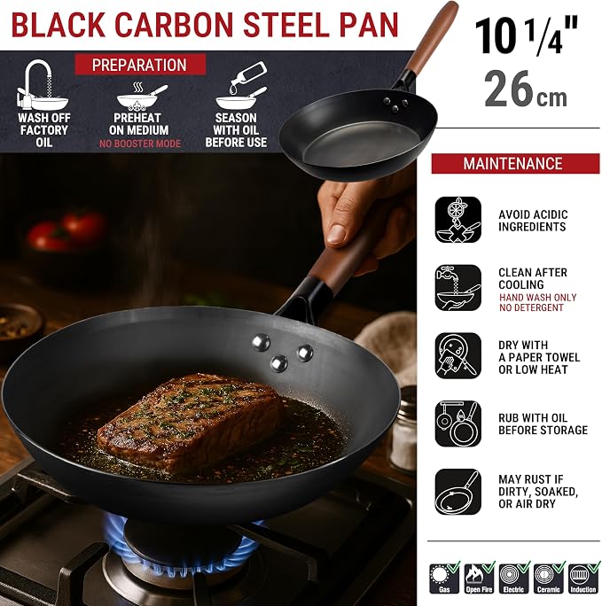 YOSUKATA 10 1/4" Carbon Steel Frying Pan – Non-Toxic Pre-Seasoned Skillet with Removable Wooden Handle – Coating-Free Wok-Style Pan for Gas, Induction, Electric, Oven & Grill BBQ
