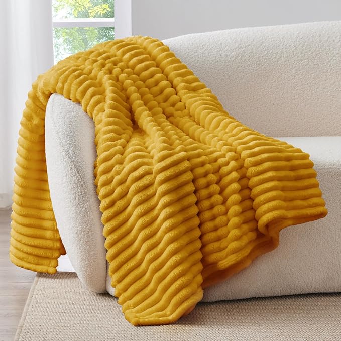 BEDELITE Striped Fleece Throw Blanket, Mustard Yellow, 50"x60" | 300GSM Microfiber Fleece, Soft Cozy, Lightweight Warm, Double-Sided Plush, Machine Washable, Gift, Room Decor, for Couch Sofa