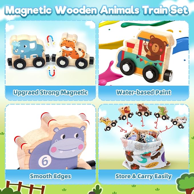 Montessori Toys for 1 2 3 Year Old Boys, Toddler Toy 2-3 Years Girls Boy Gifts Magnetic Wooden Train Kids Toys for Ages 2-4 Preschool Learning Activities Farm Animals with Track Mat