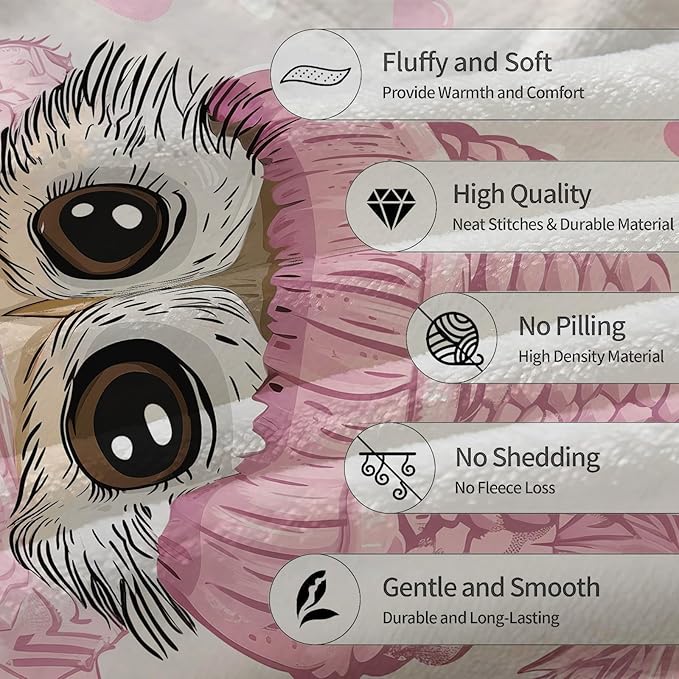 Cute Owl Blanket, Soft Warm Lightweight Animal Flannel Throw Blanket for Couch, Bed, Travel & Outdoor, Cozy Fluffy Fuzzy Blankets for Women Girls, Home Decor 60×50 in