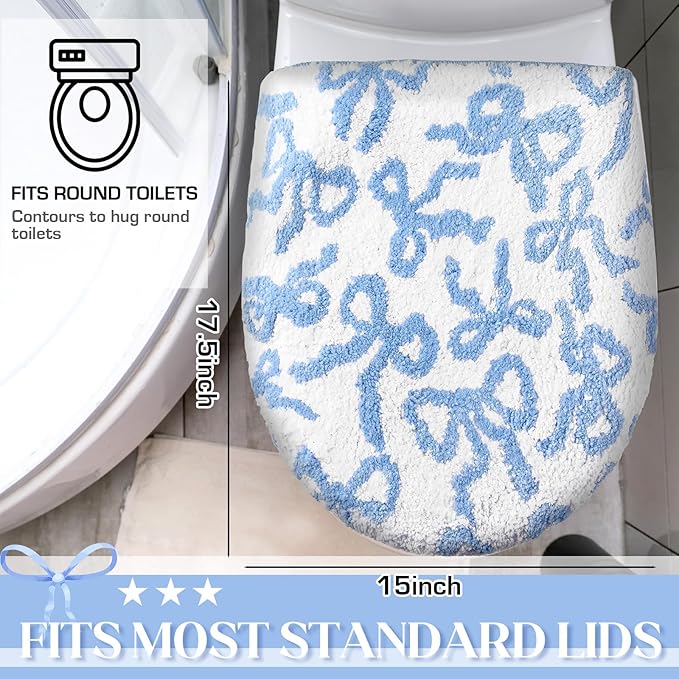 Blue Bow Toilet Lid Cover Washable Coquette Cute Plush Toilet Cover for Bathroom Decor Soft Microfiber 17.5 x 15 Inch Non Slip Rubber Backing Fits Most Round, Elongated