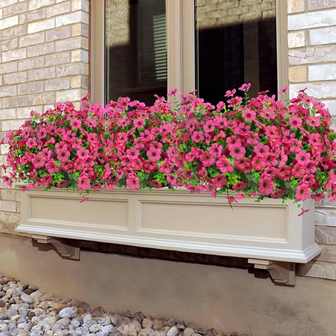 Ouddy Decor 24 Pcs Artificial Flowers for Outdoors Decorations, Rose Red | Lifelike silk flowers, UV resistant, faux plastic plants, for garden porch window table vase home indoor outdoor decor