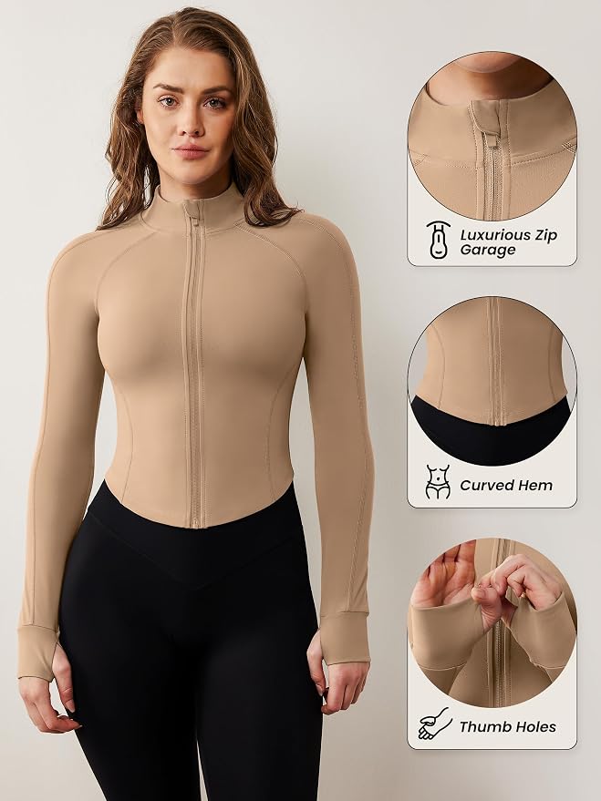 AVGO Women's Workout Jacket Lightweight Zip Up Cropped Yoga Jackets Slim Fit Athletic Tops with Thumb Holes