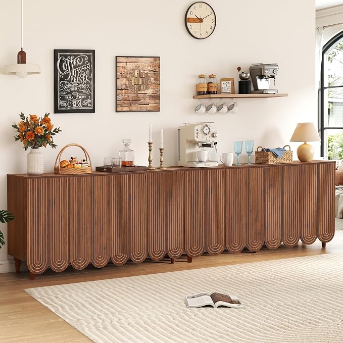 weselon Buffet Cabinet Set of 2, Arched 4-Door Sideboard with Adjustable Shelves, Push-to-Open & Soft-Close Hinges, Solid Wood Legs Storage Cabinet for Coffee Bar TV Console (Walnut)