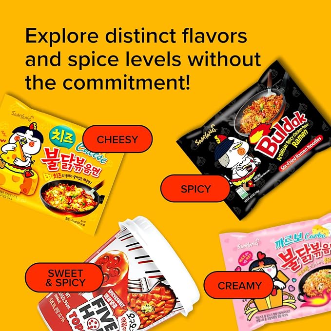 Korean Spicy Ramen Box | 3 Buldak Ramen “Original, Cheese, Carbo +1 Korean Spicy Rice Cake Tteokbokki +1 Korean Sweet Drink + 4 Chopsticks | Korean Food Box Gift - Journey of Korea