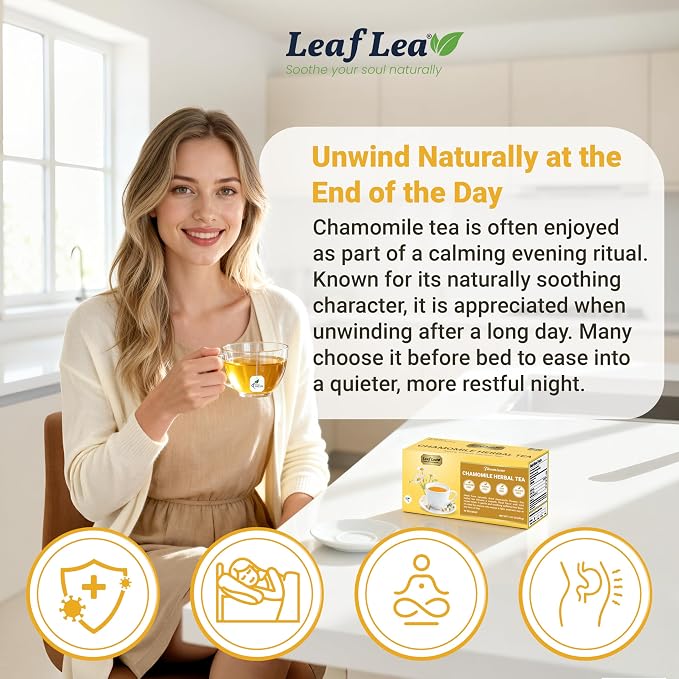 LeafLea Chamomile Herbal Tea Bags, Evening Bedtime Routine, 40 Count | From Chamomile Flowers, Gentle Floral Scent, Clean Smooth Finish, Caffeine-Free, Sugar-Free, Individually Wrapped