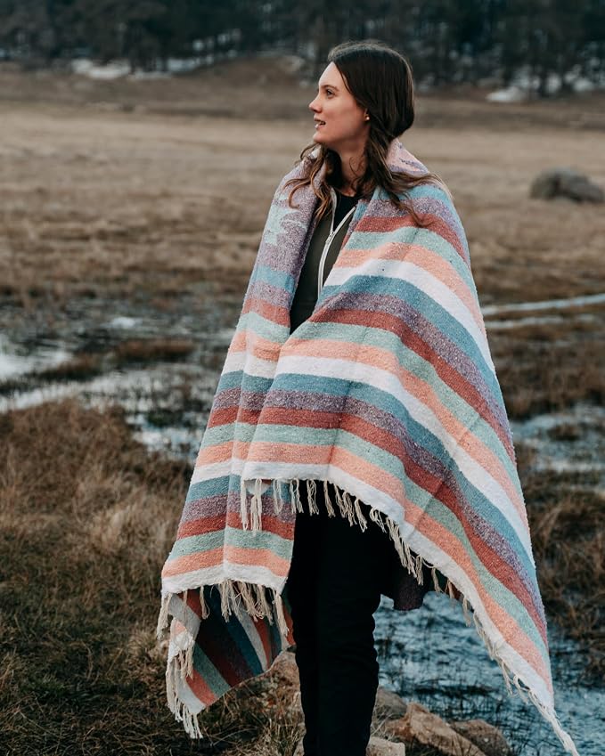 Open Road Goods Aztec Navajo Style Blanket, Throw, or Yoga Bolster - Handwoven Mexican Diamond Blanket (Pastel Blanket)