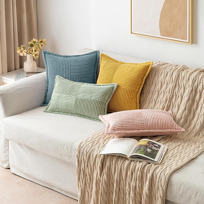 MIULEE Decorative Lumbar Throw Pillow Covers 12x20 Inch Gold 2 Pack | Boho Broadside Striped Patchwork Pillow Covers, Soft Corduroy Cushion Cases, For Couch Sofa Bed Livingroom Home Decor