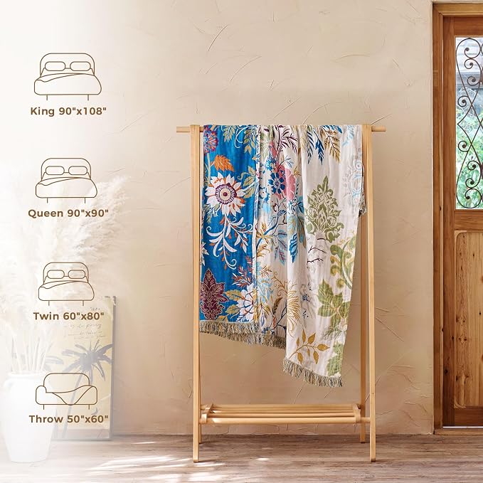 LUTBM Boho Throw Blanket for Couch 50"x60", Cotton Decorative Bed Throw | Reversible Floral Leaves Jacquard, All-Season Lightweight Breathable Blankets, For Chair Sofa Bedroom Living Room