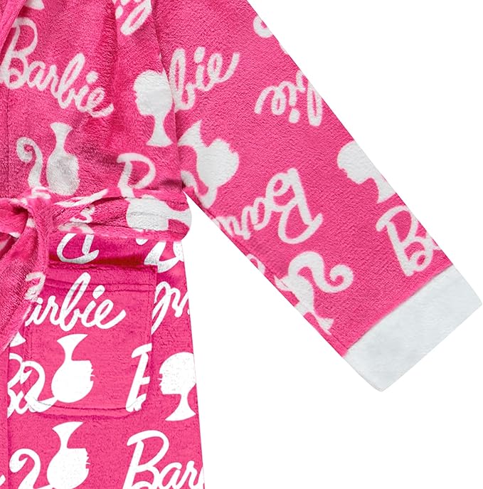 Barbie Girls Fleece Kids Hooded Robe - Super Soft Plush Kids Spa Bathrobe with Pockets, Girls Sizes 4-10 - Official Product