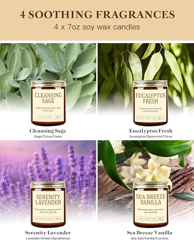 Scented Candles Gift Set, Long Lasting 4 Pack Aromatherapy Candles for Home | 28oz 200 Hour Burn, Purifying Sage, Sea Breeze Vanilla, Calming Lavender, Fresh Eucalyptus, Gifts