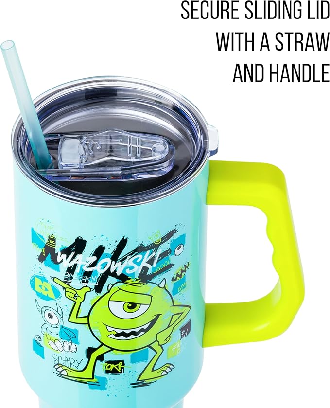 Silver Buffalo Disney Pixar Monsters Inc. Double Walled Stainless Steel Tumbler with Handle Featuring Mike Wazowski, Fits in Standard Cup Holder, 40 Ounces